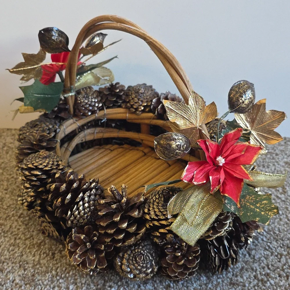 Vintage Pinecone Basket with Red And Gold Accents